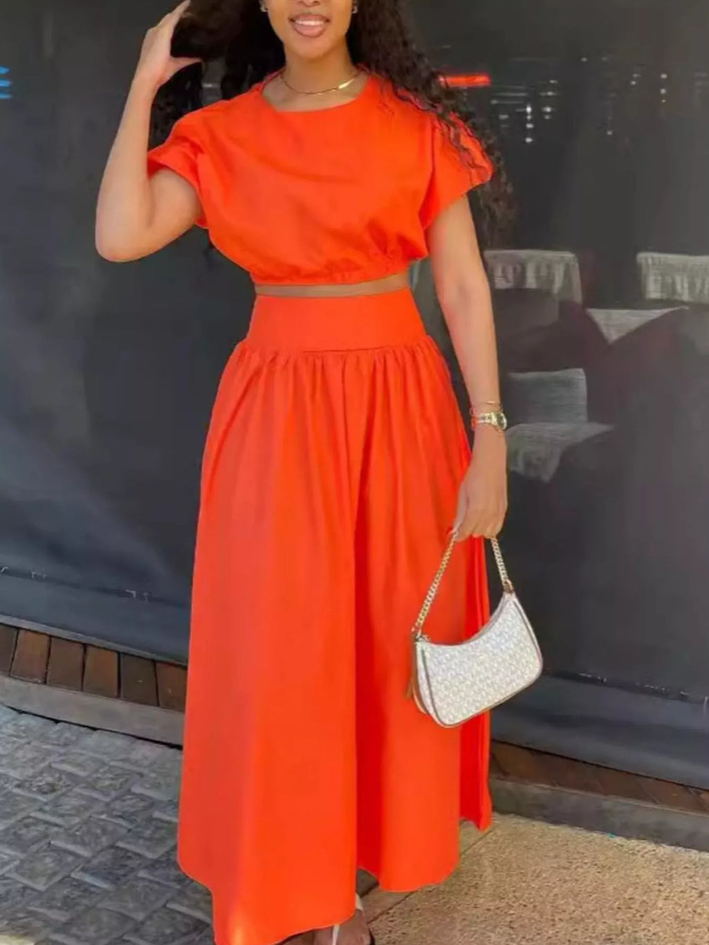 Short Sleeve Crop Top and Skirt Set