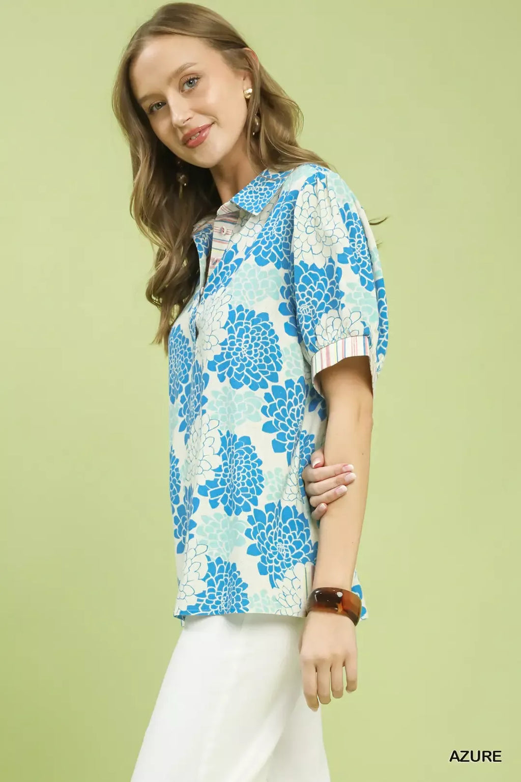 Umgee Floral Collared Short Sleeve Blouse