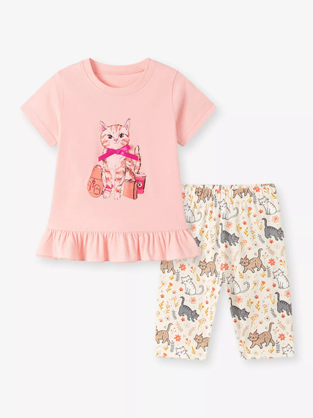 Children's Cat Ruffled Hem Tee and Shorts Set