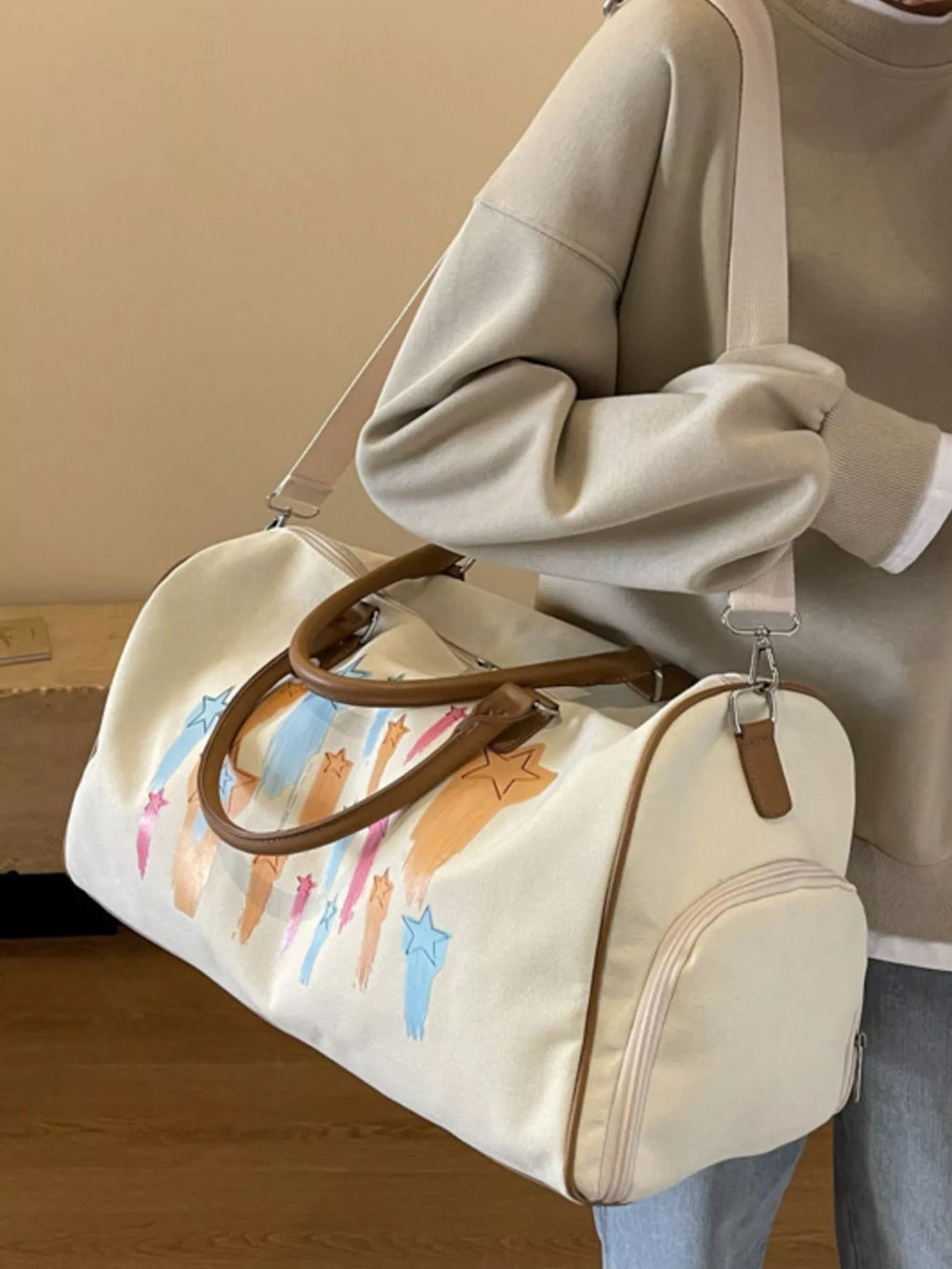 Canvas Duffle Bag with Shooting Star Print