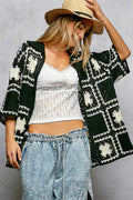 POL Button Down Openwork Floral Crochet Shirt with Granny Square Pattern