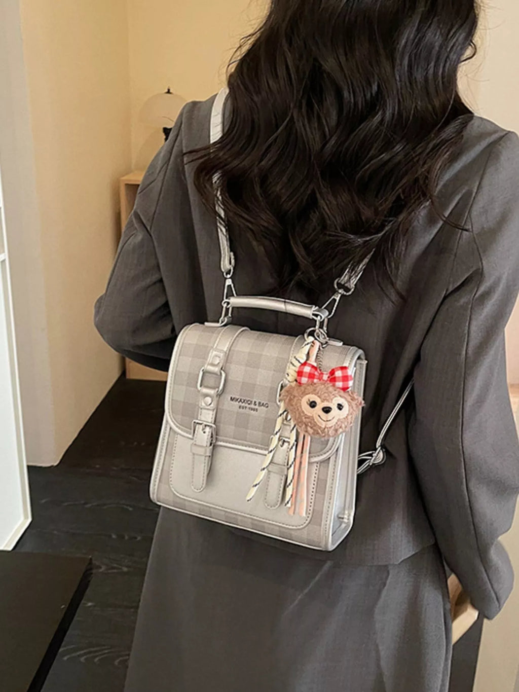 Plaid Backpack Bag with Charm