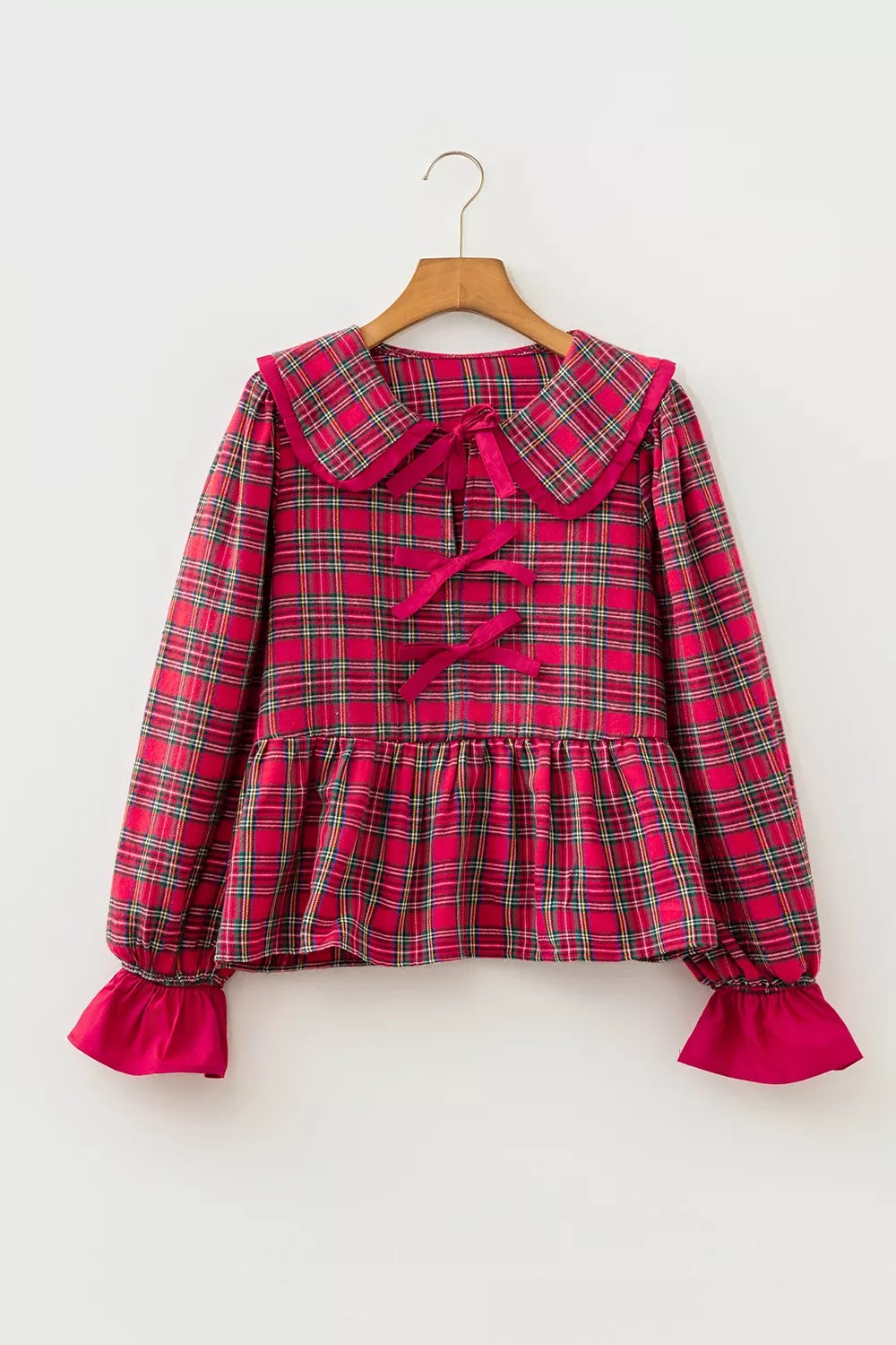 Plaid Tie Neck Ruffle Cuffs Long Sleeve Shift Blouse
