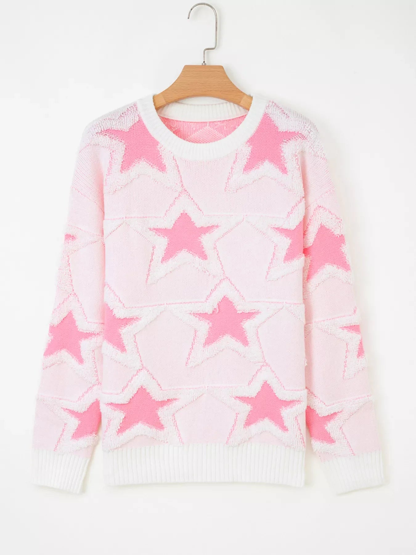 Oversized Star Pattern Ribbed Edge Drop Shoulder Sweater