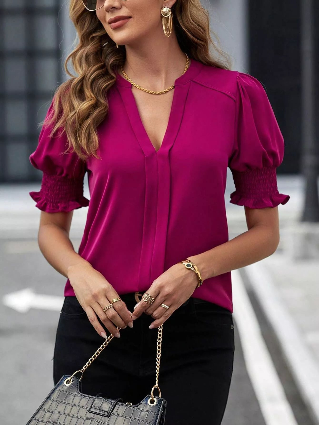 Notched Half Sleeve Blouse