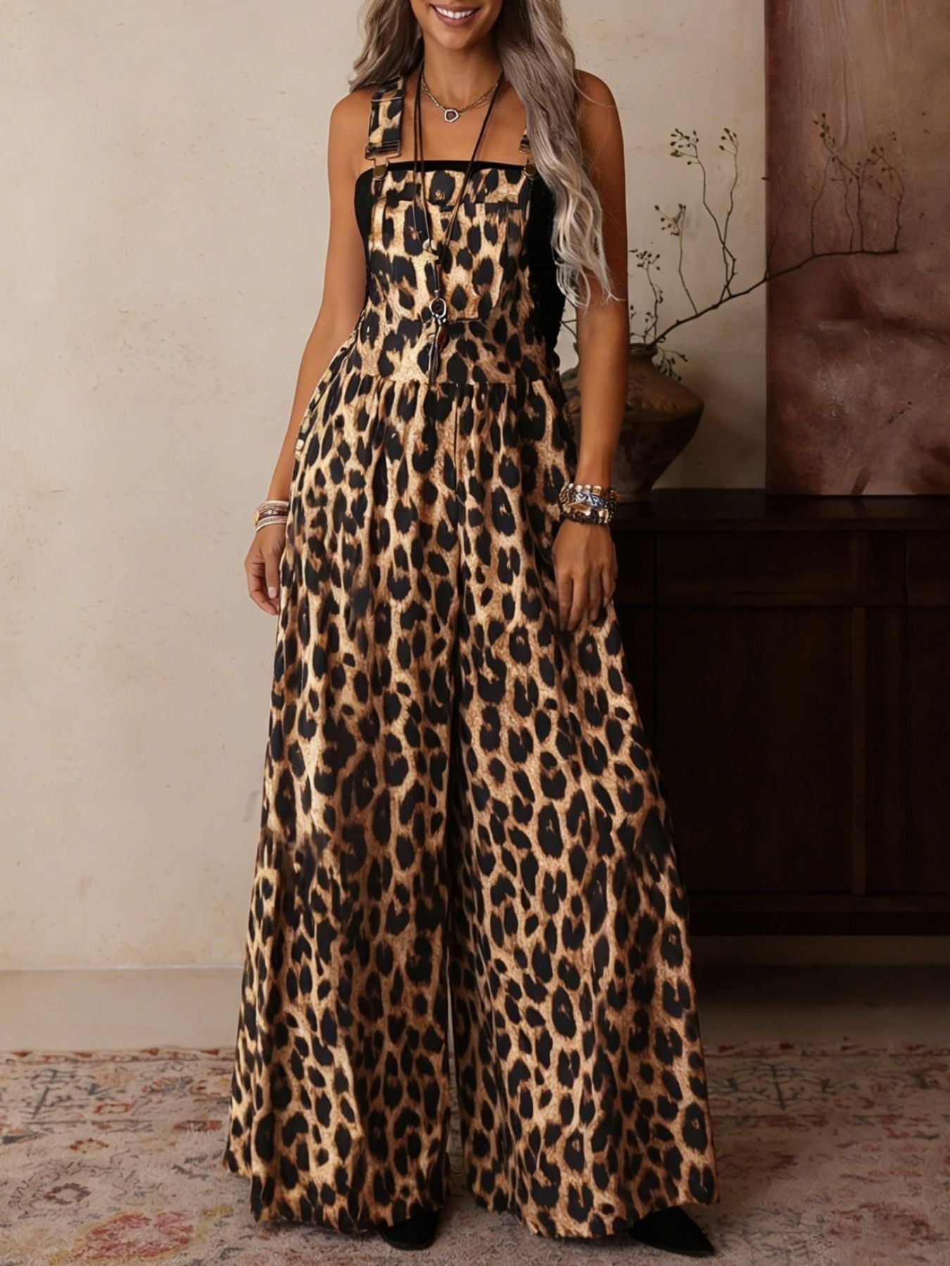 Leopard Print Wide Leg Overalls
