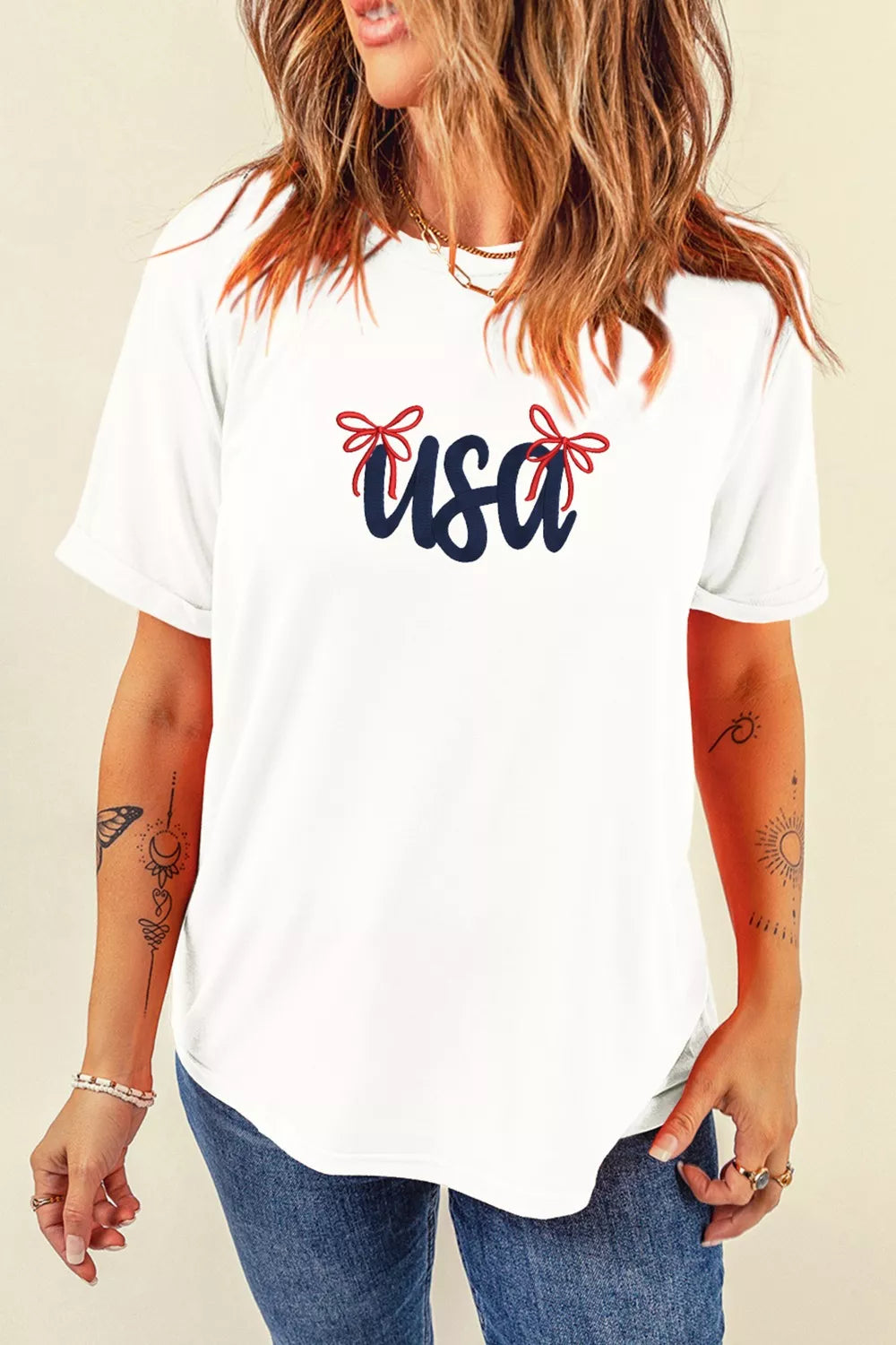 USA Lettering Bow Embroidered T Shirt