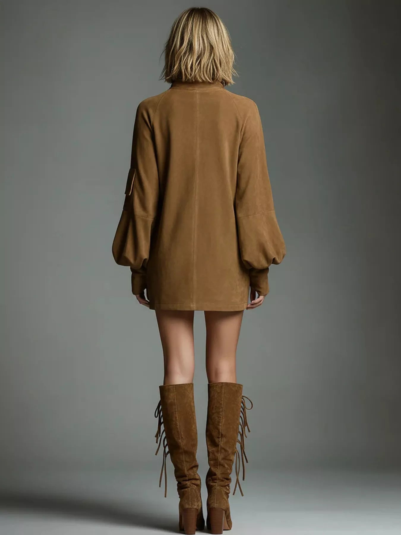 Full Size Suede Turtleneck Lantern Sleeve Mini Dress Plus Size