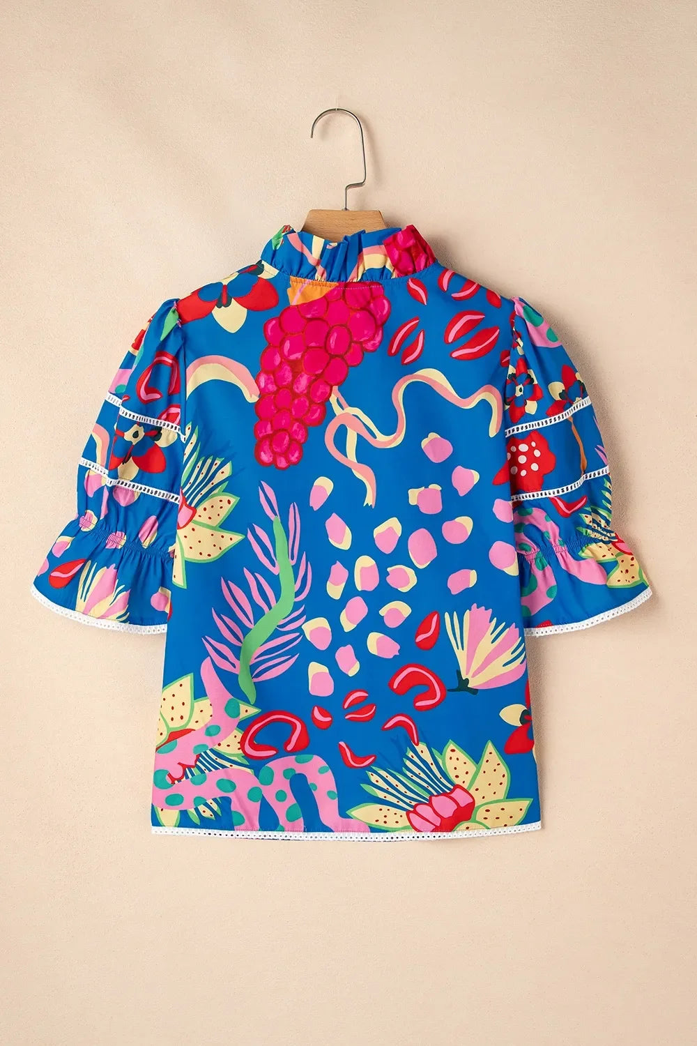 Abstract Print Frilled Collar Ruffled Puff Short Sleeve Top