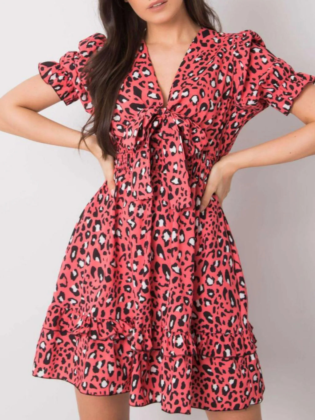 Leopard Print Tie Front Short Sleeve Mini Dress