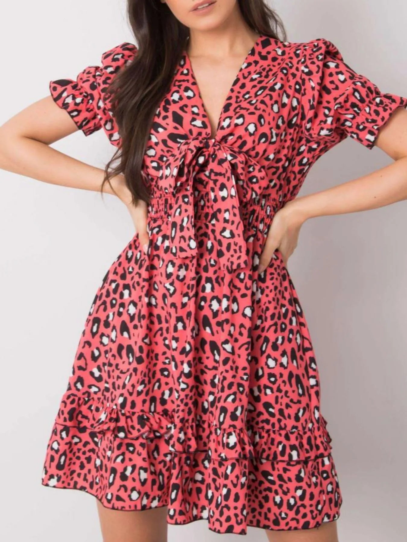 Leopard Print Tie Front Short Sleeve Mini Dress
