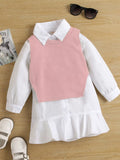 Children's Long Sleeve Shirt Dress and Knit Vest Set