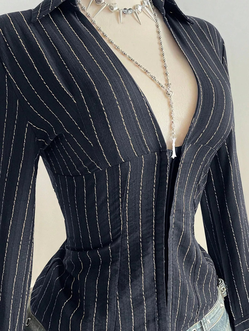 Striped Long Sleeve Fitted Blouse