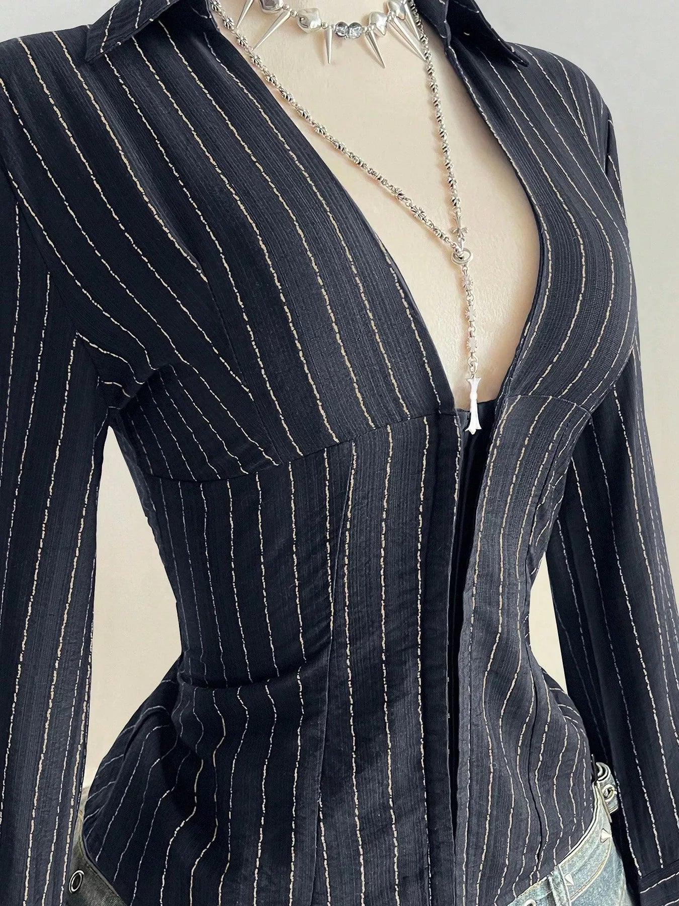 Striped Long Sleeve Fitted Blouse