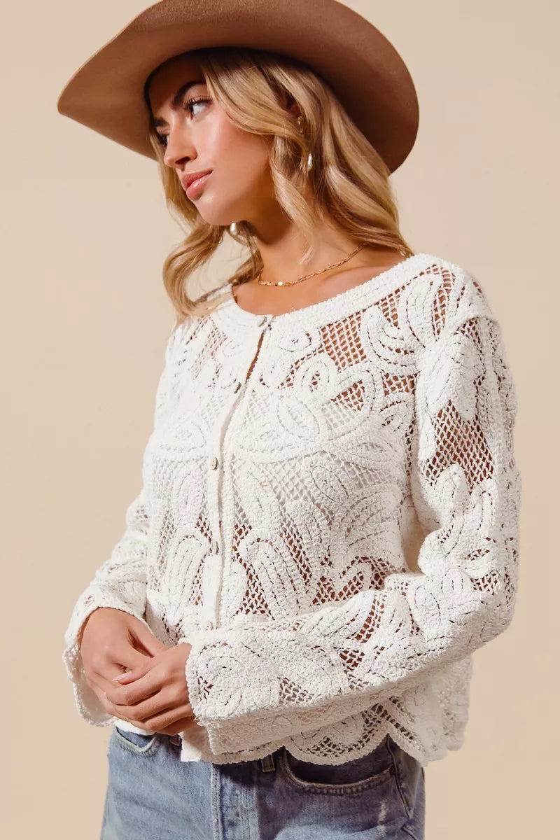 SO ME Button Front Floral Pattern Crochet Lace Cardigan