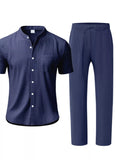 Men's Full Size Casual Button Up Short Sleeve Shirt and Pants Set Plus Size