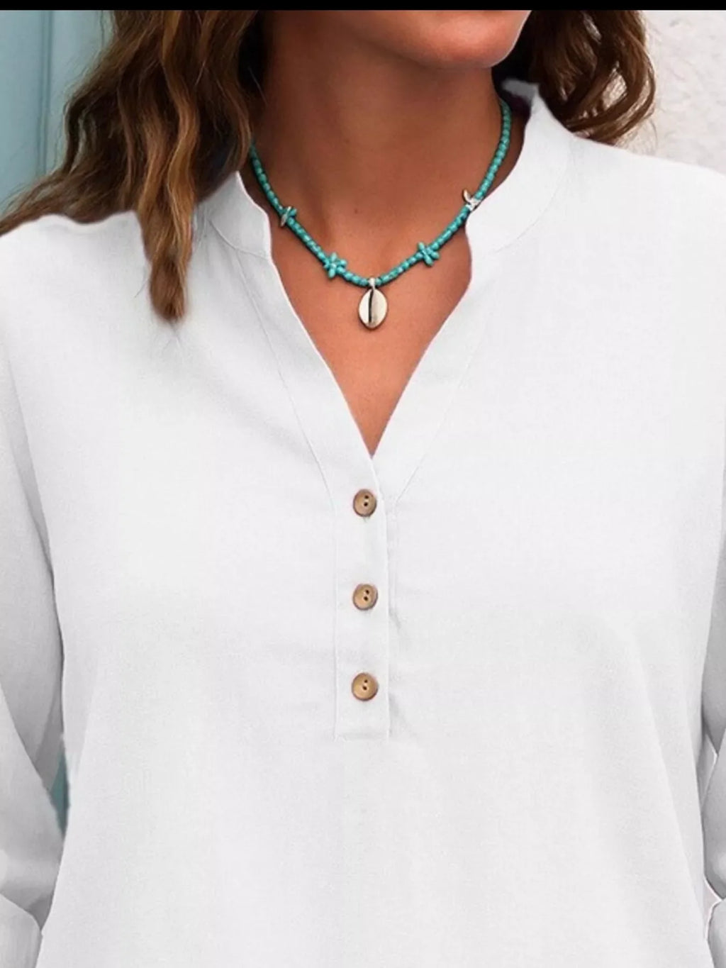 Full Size Button Detail Notched Long Sleeve Blouse Plus Size