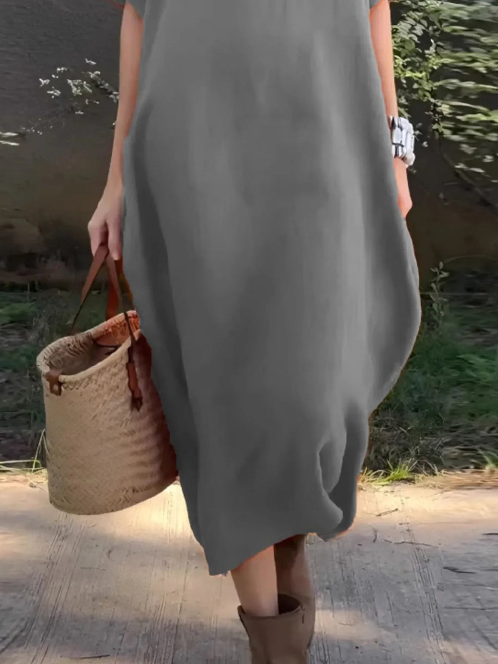 Full Size Casual Loose Fit Round Neck Midi Dress Plus Size