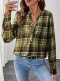 Plaid Half Button Long Sleeve Blouse