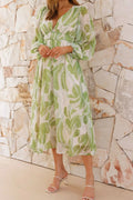 Printed V-Neck Long Sleeve Midi Dress