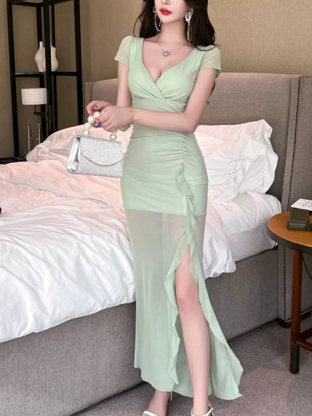 Tie-Dye Surplice Ruffle Slit Dress