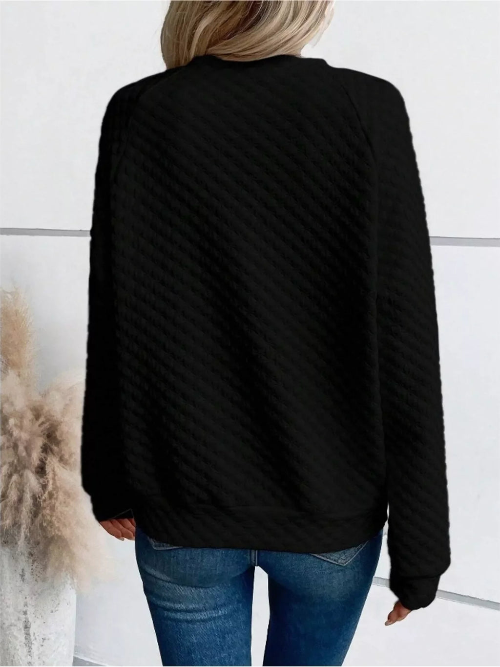 Textured Notched Raglan Sleeve Sweatshirt