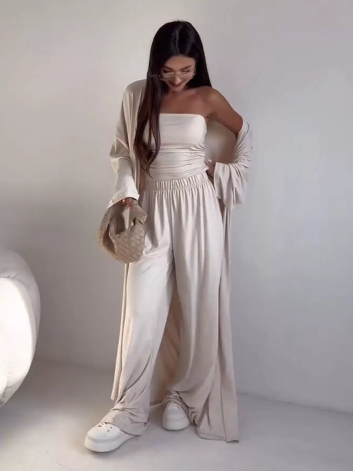 Tube Top & Cardigan & Wide Leg Pants 3-Piece Set