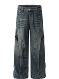 Men's Washed Straight Jeans with Unique Panel Design