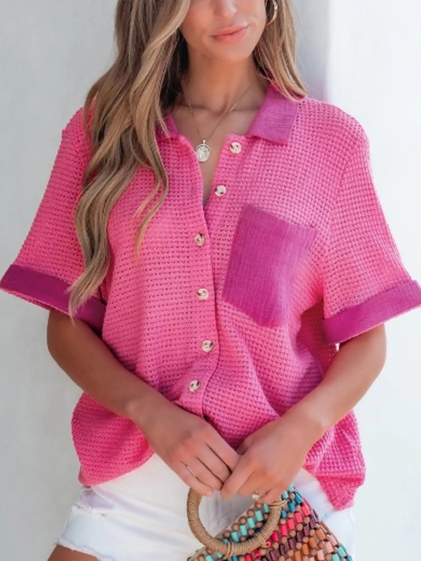 Gauze Waffle Button Down Short Sleeve Shirt