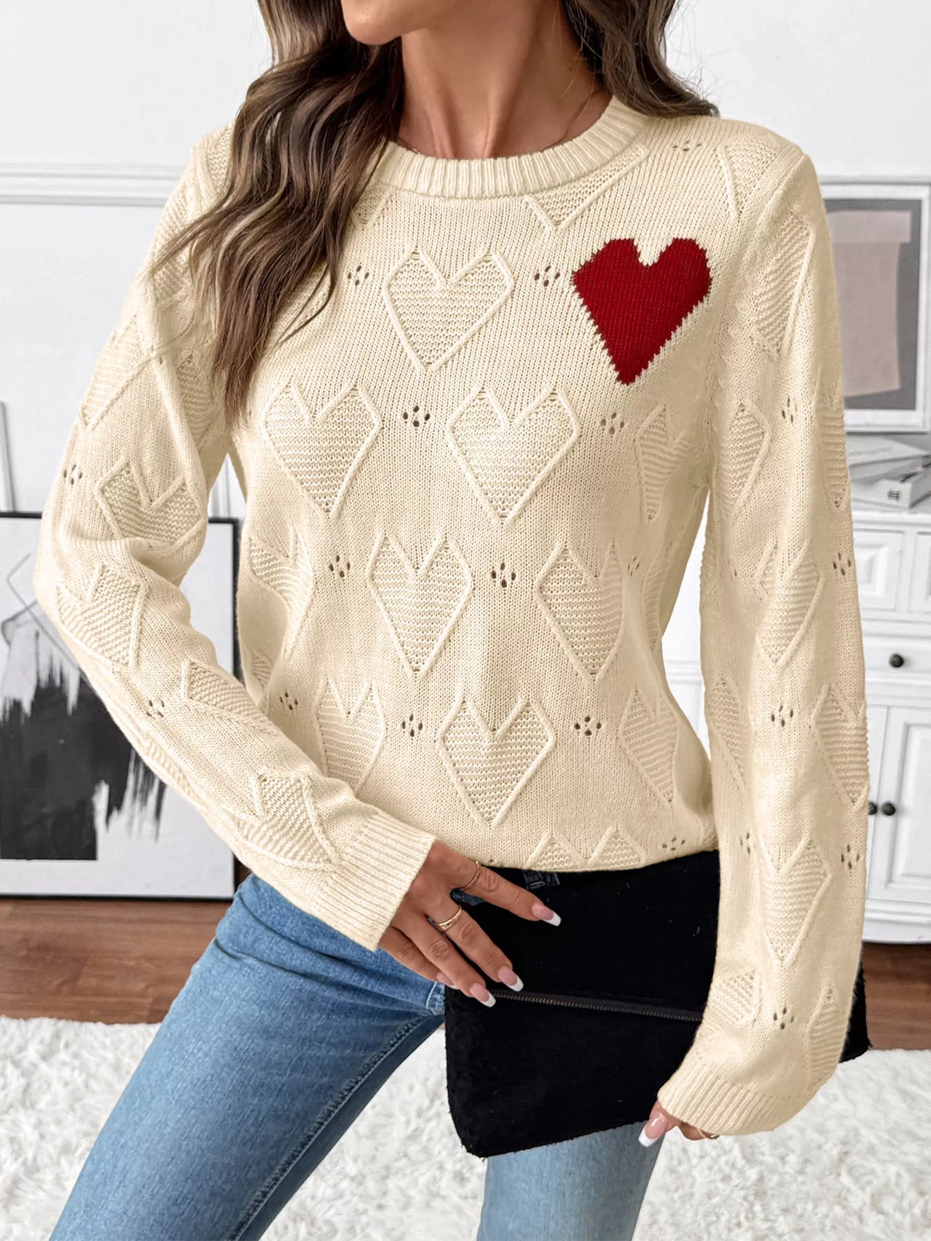 Openwork Heart Round Neck Sweater