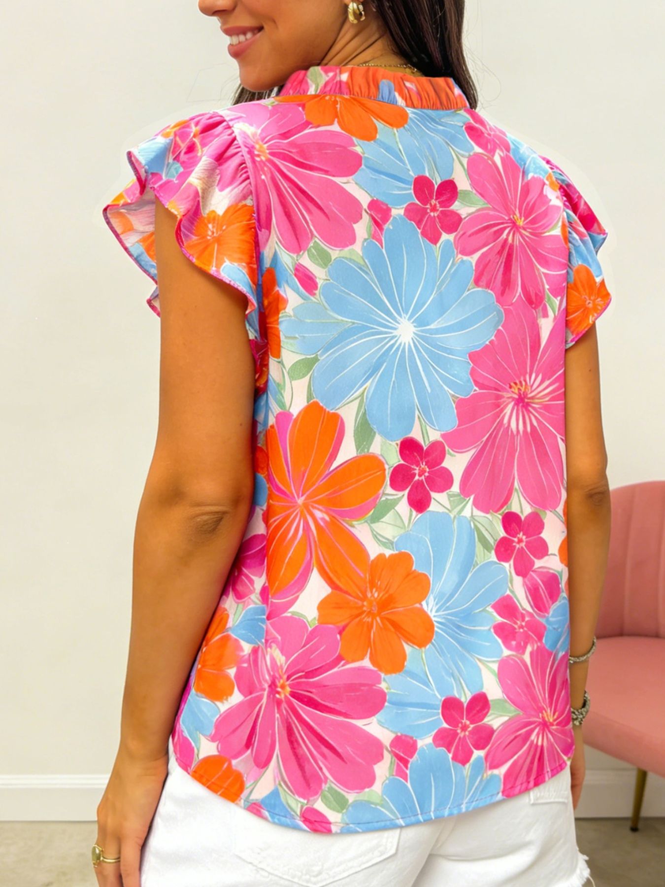 Flower Printed Tie V Neck Ruffle Trim Sleeveless Blouse
