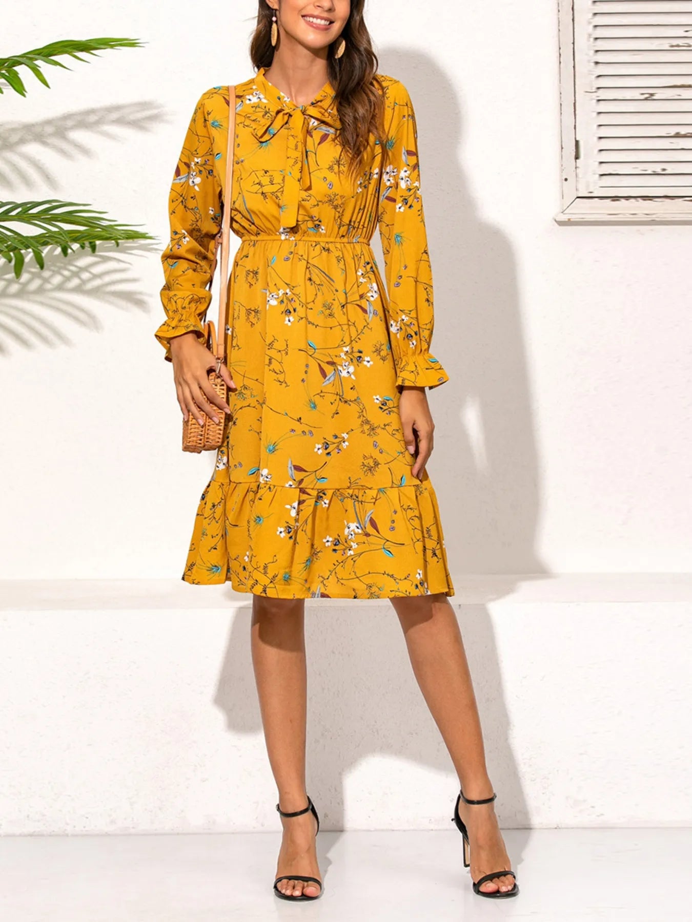 Ruffled Hem Floral Print Long Sleeve Dress