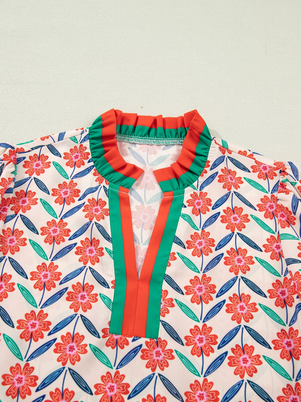 Floral Print Striped Detail V Neck Ruffled Short Sleeve Blouse