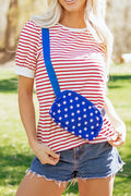 Stripe Contrast Trim Round Neck Short Puff Sleeve T Shirt