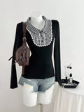 Gingham Collar Long Sleeve T-Shirt