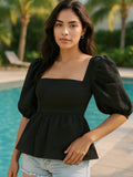 Textured Square Neck Puff Sleeve Peplum Blouse