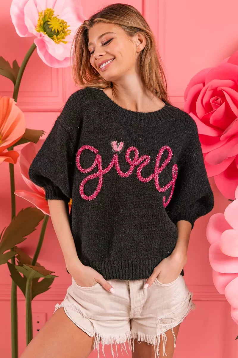 BiBi Metallic Letter Short Puff Sleeve Hairy Sweater