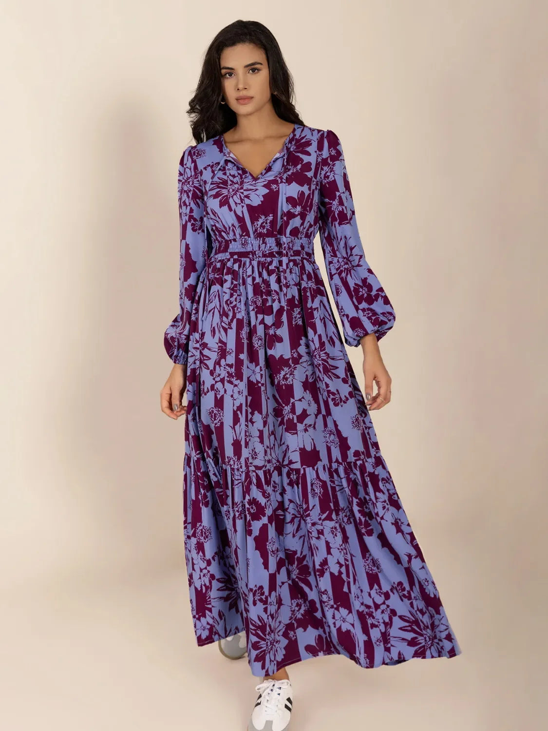 Printed Tie Neck Balloon Sleeve Maxi Dress