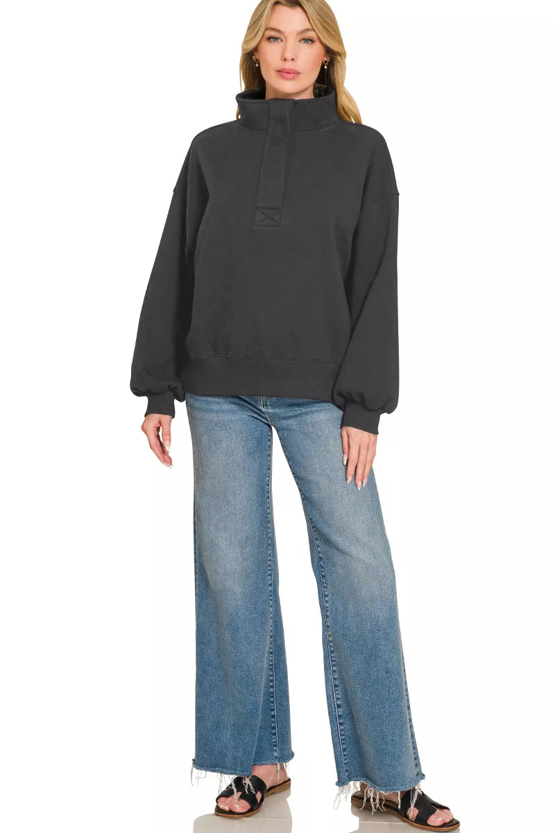 Zenana Fleece Half Snap Button Sweatshirt