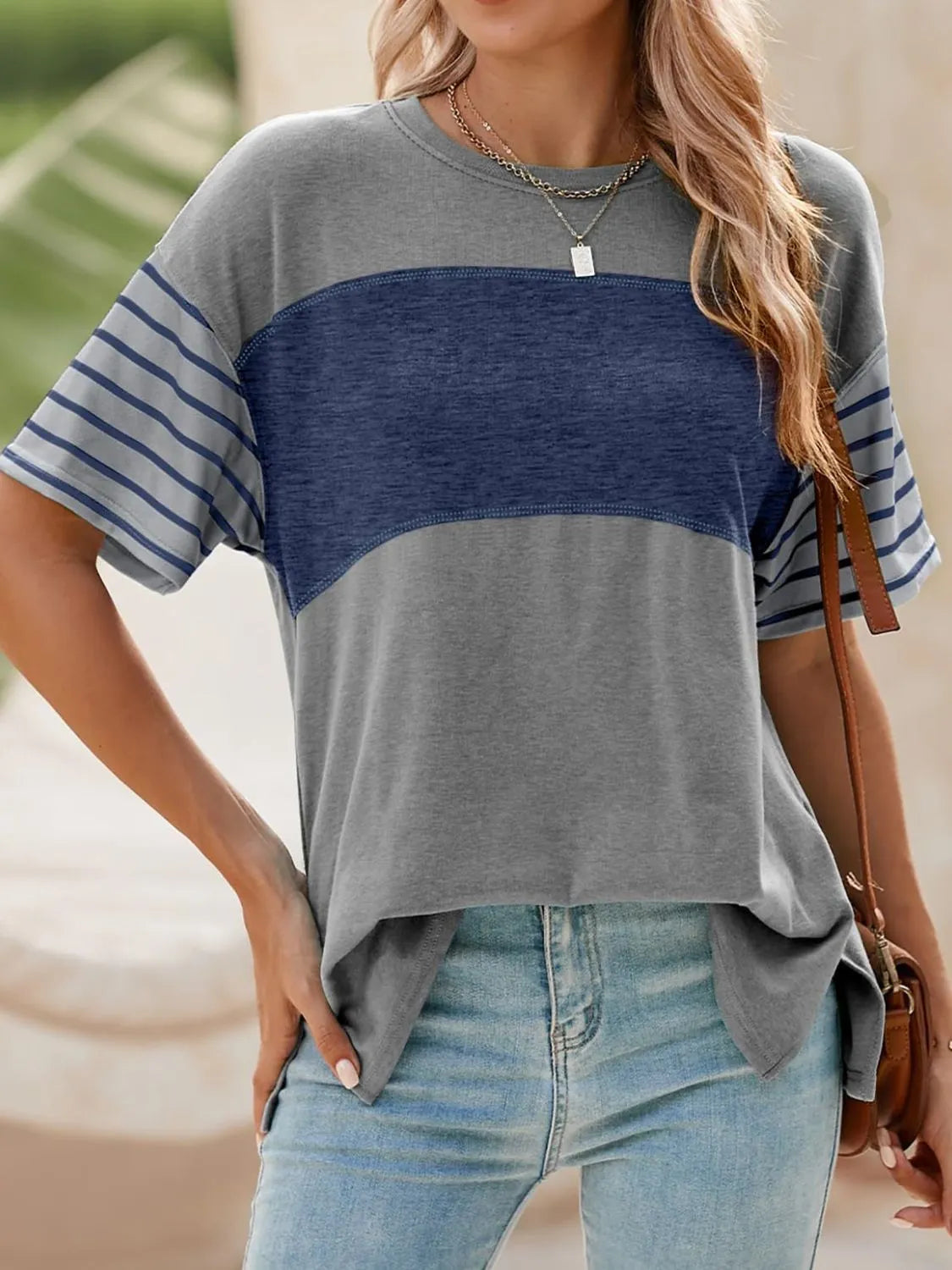 Color Block Striped Sleeve Casual T-Shirt