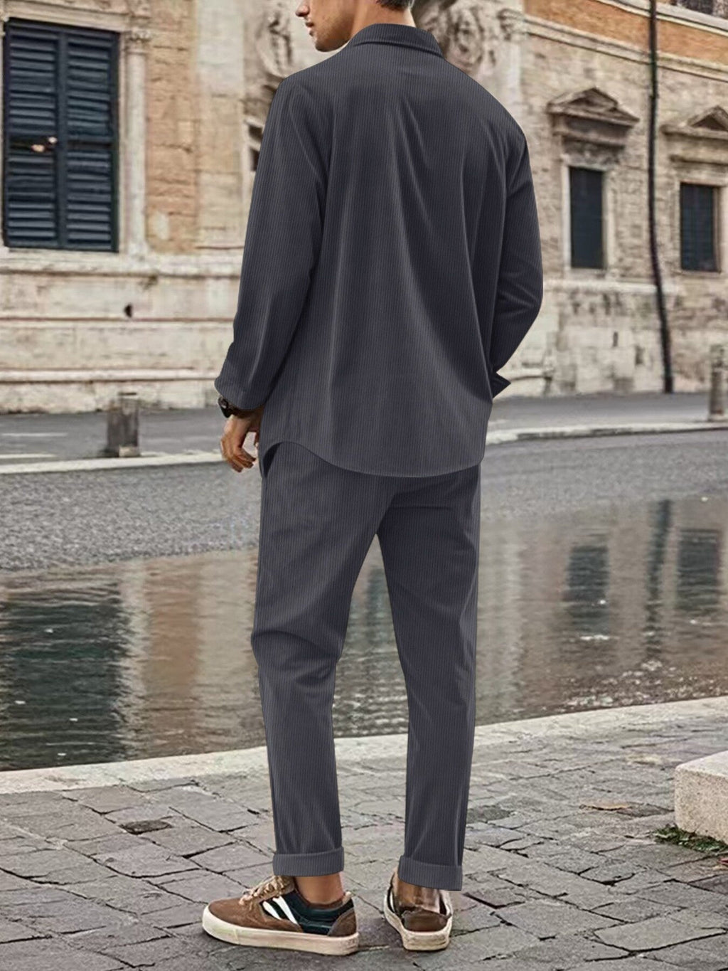 Men's Full Size Button Up Long Sleeve Shirt and Pants Set Plus Size