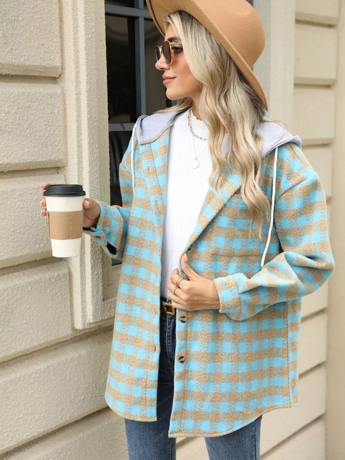 Plaid Button Up Long Sleeve Drawstring Hooded Jacket