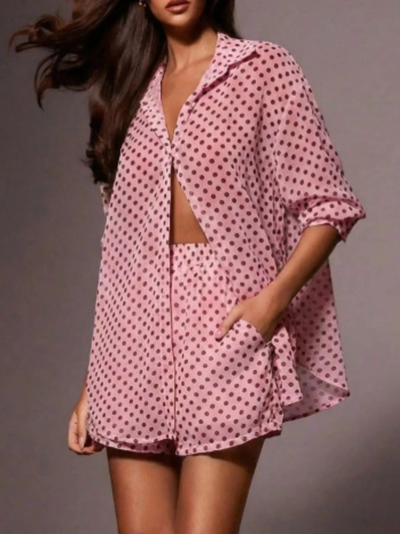Polka Dot Button Up Shirt and Shorts Set