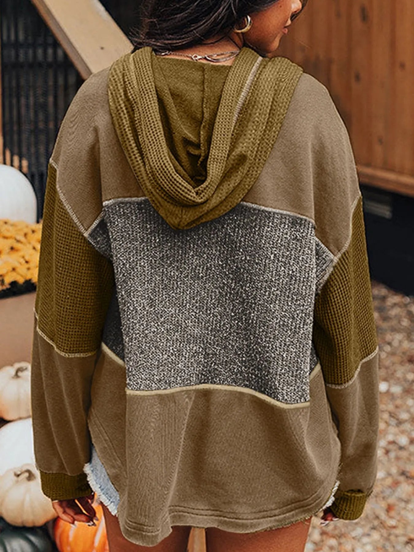 Mixed Texture Patchwork Exposed Seam Half Button Hoodie