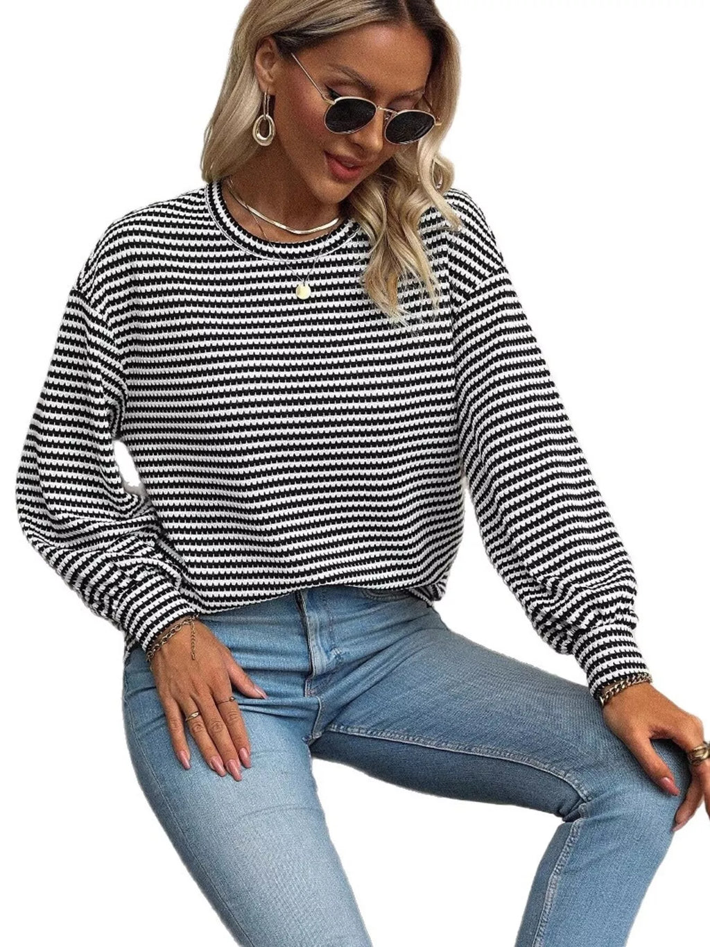 Striped Round Neck Lantern Sleeve Top