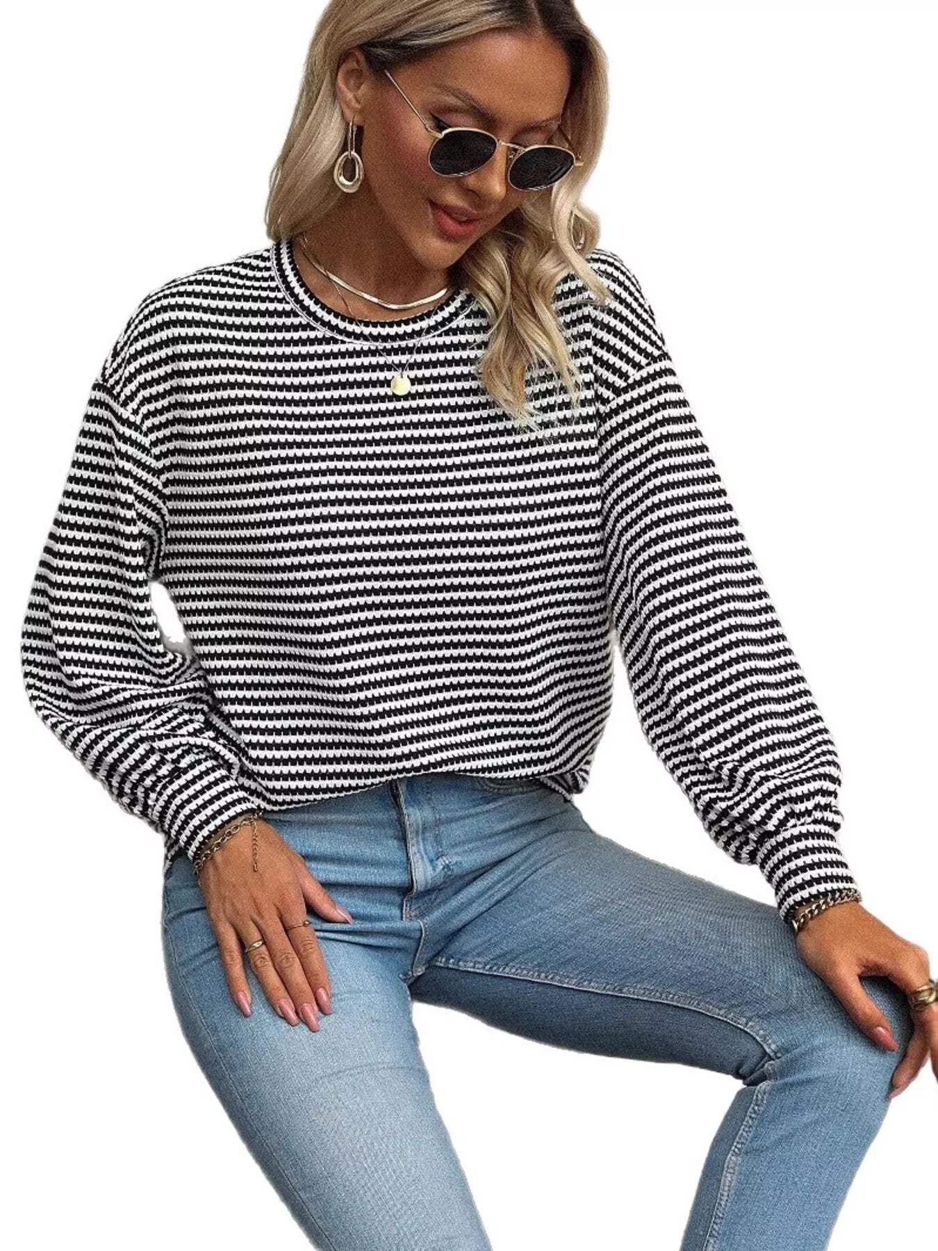 Striped Round Neck Lantern Sleeve Top