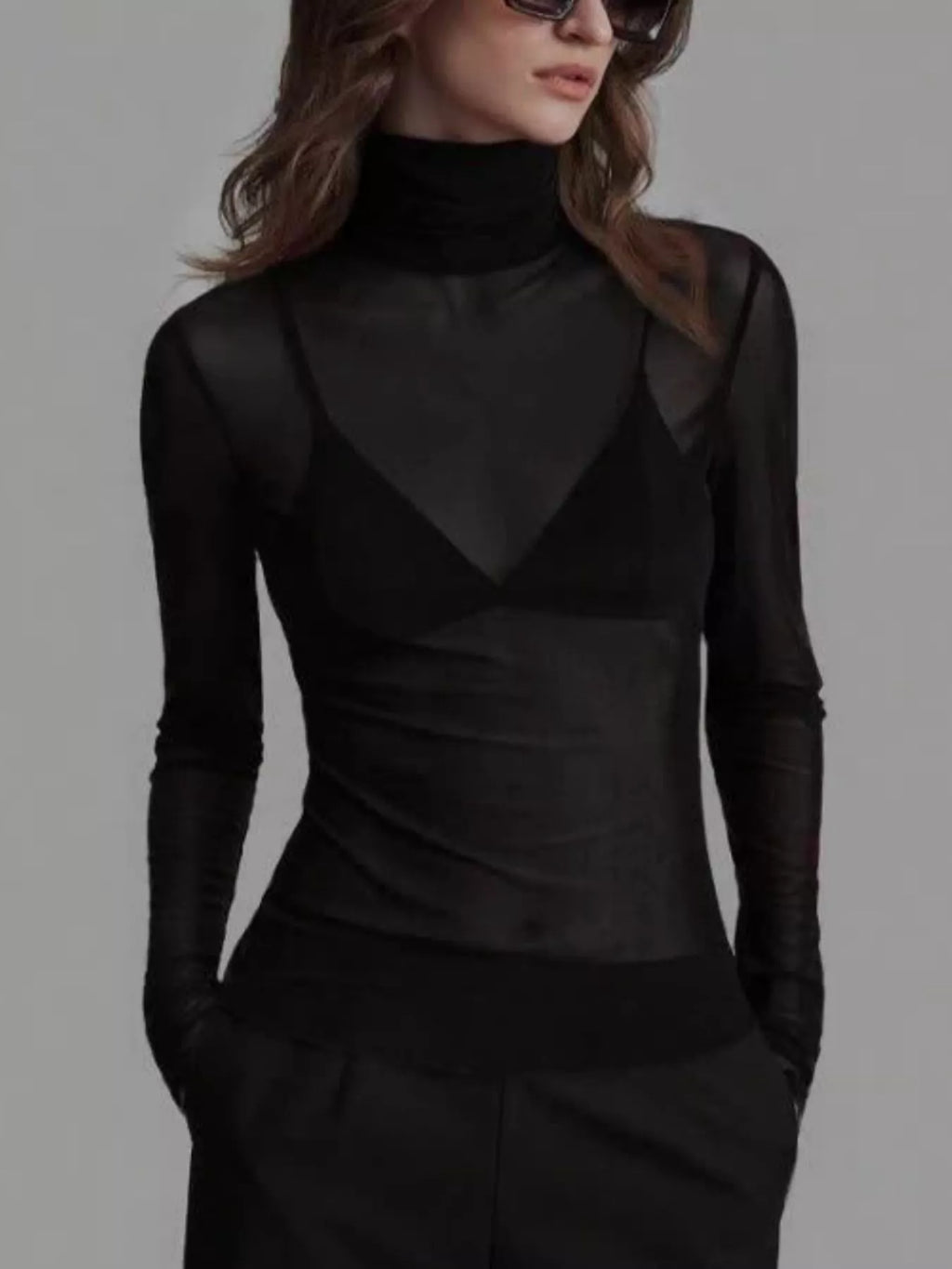 Sheer Mesh Turtleneck Top
