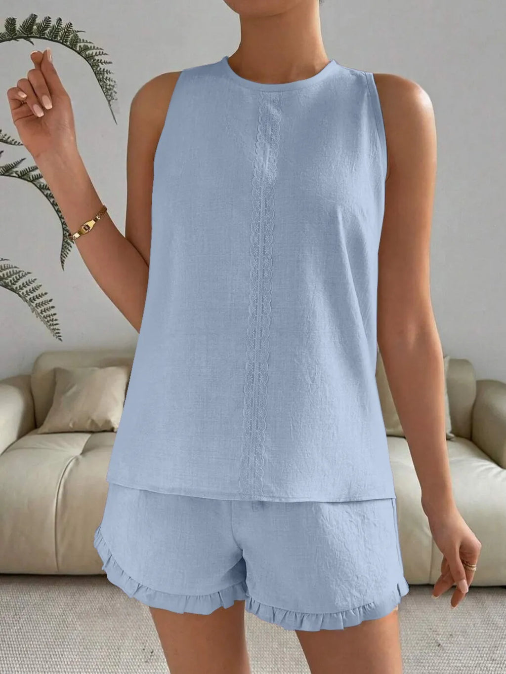 Lace Detail Round Neck Tank and Shorts Set