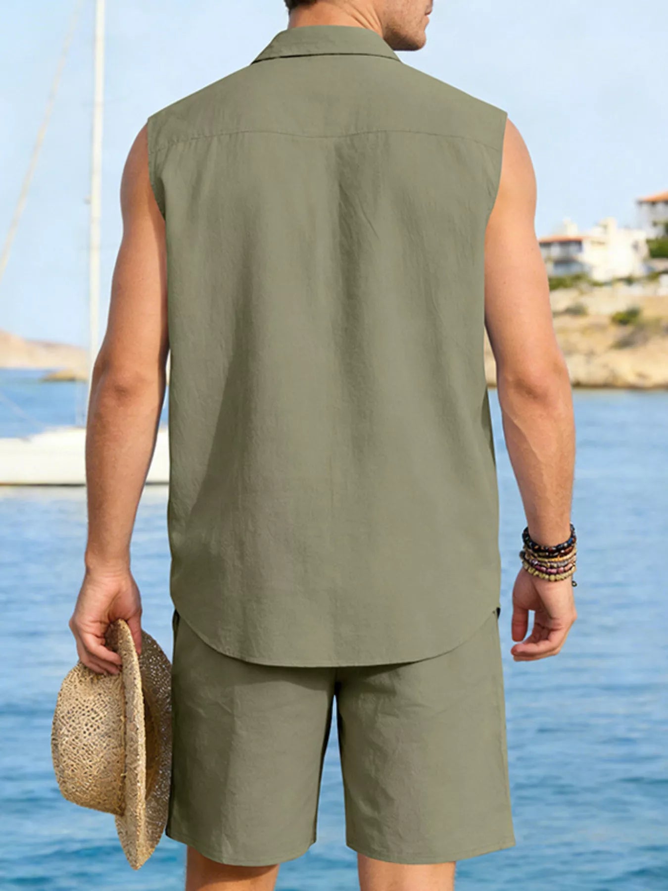 Men's Full Size Button Up Sleeveless Top and Shorts Plus Size