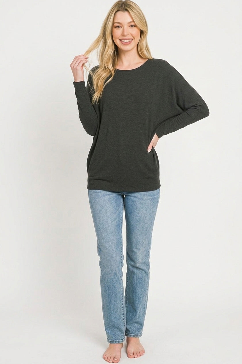 Zenana Hacci Dolman Sleeve Boat Neck Top